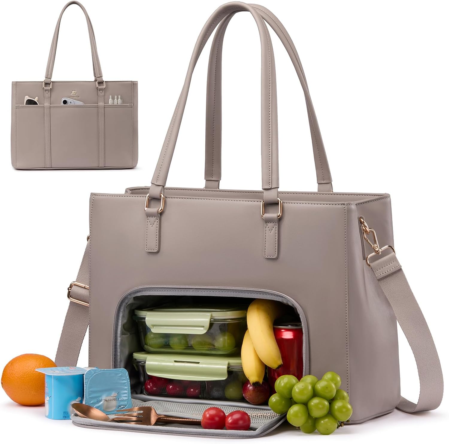 LOVEVOOK Lunch Bag for Women, Leather Work Laptop Tote Bag with Insulated Lunch Compartment for Office,Teacher, College