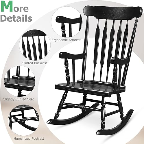 Miniatura 6 de Tangkula Mecedora de patio de madera maciza silla mecedora de porche al aire libre con marco de madera de goma silla mecedora de madera para