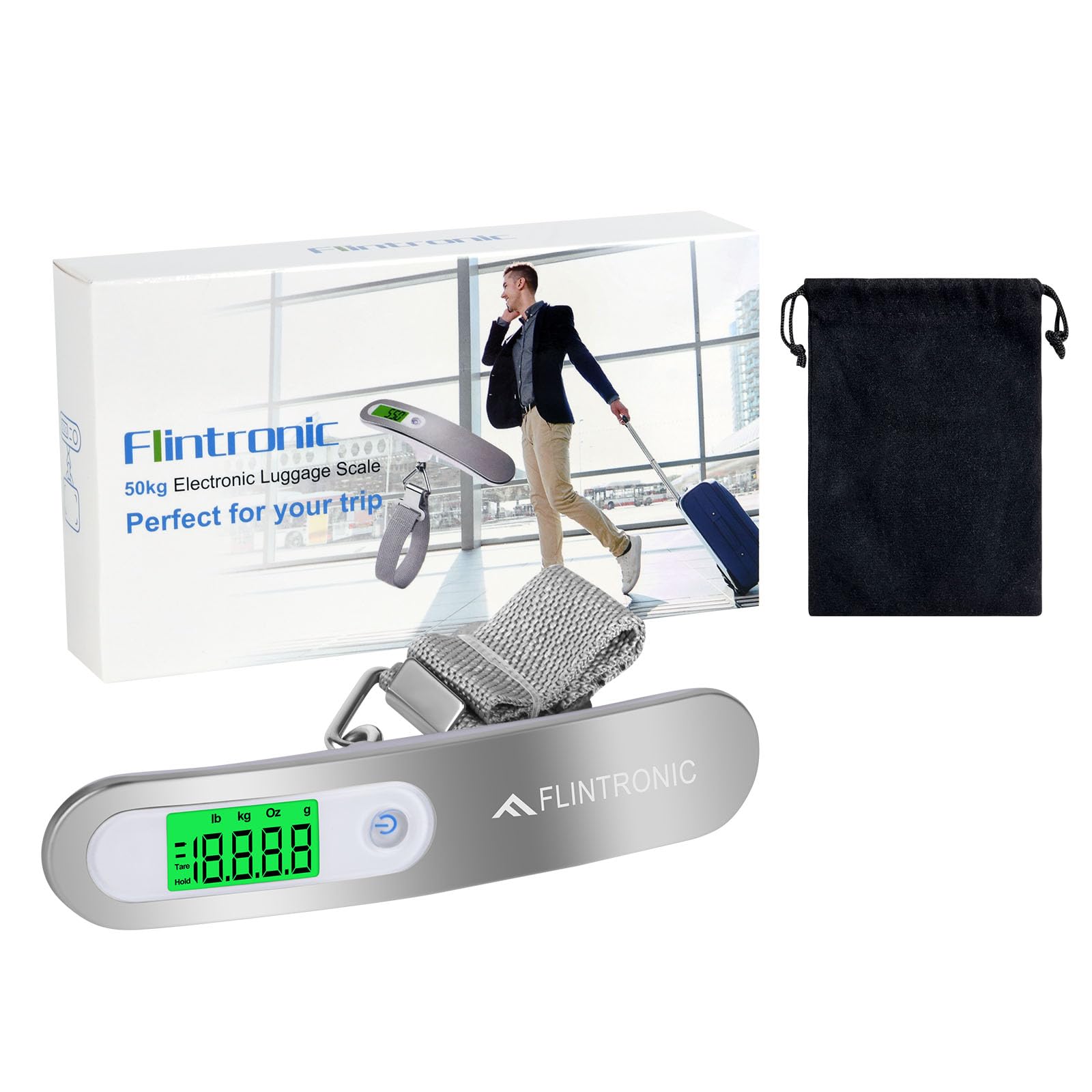 flintronic Cyfrowa waga bagażowa, przenośna waga wisząca, wyświetlacz LCD, z haczykami, 50 kg, z funkcją tarowania i podświetleniem, do podróży, kuchni