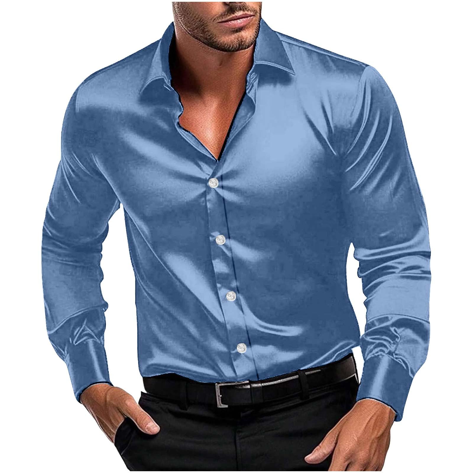 Men Long Sleeve Satin Dress Shirt Shiny Embroidery Silk Like Button Down Casual Luxury Prom Wedding Party Disco Solid
