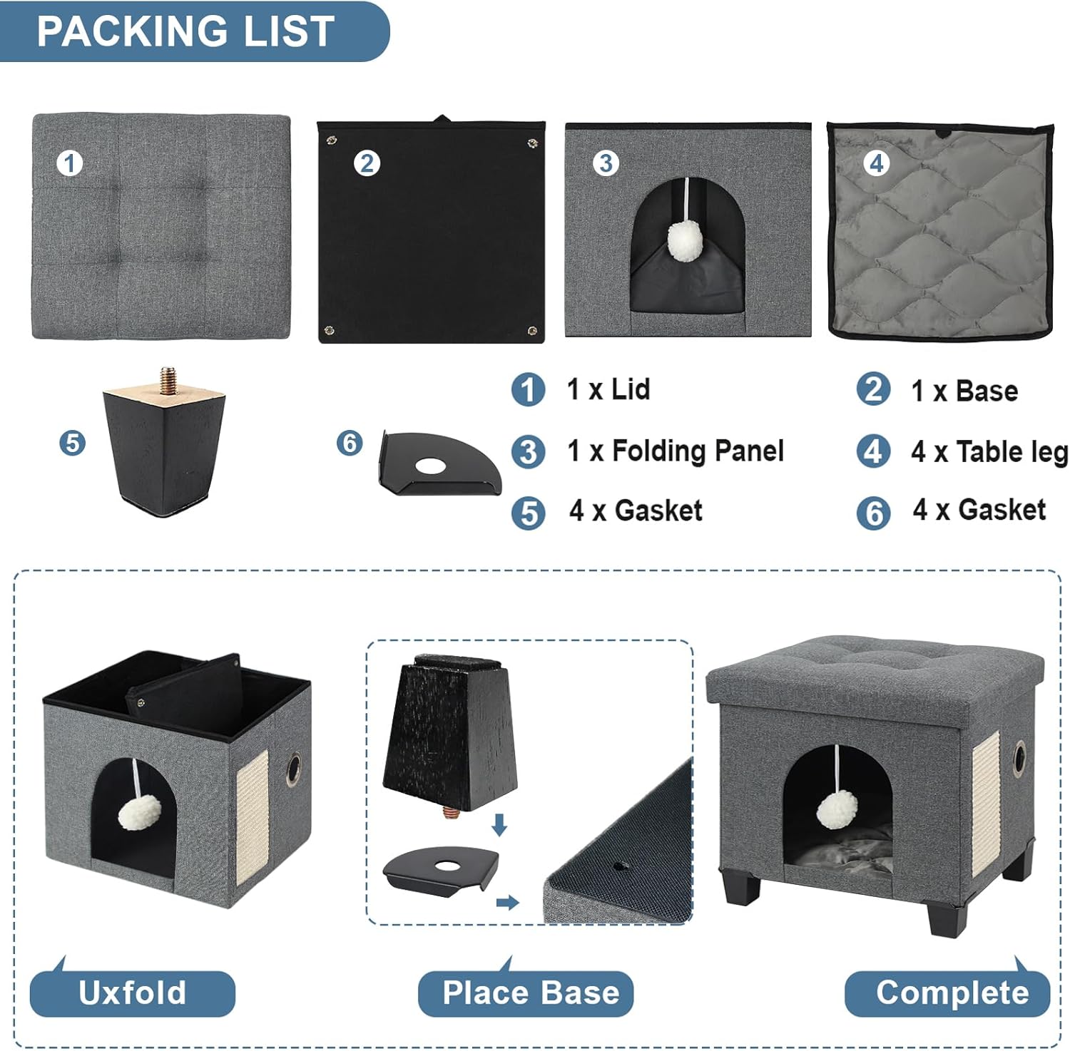 BRIAN & DANY Foldable Cat House for Indoor Cats, Large Cat Cube for Pet Cave with Scratch Board & Ball, 17.7 x 14.8 x 15 inches, Gray (Large)