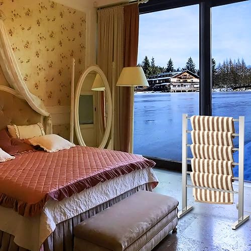 Miniatura 7 de ETW78-1 - Calentador de toallas eléctrico portátil, estante de secado independiente para baño doméstico, acero inoxidable, cromado pulido, 6 barras,