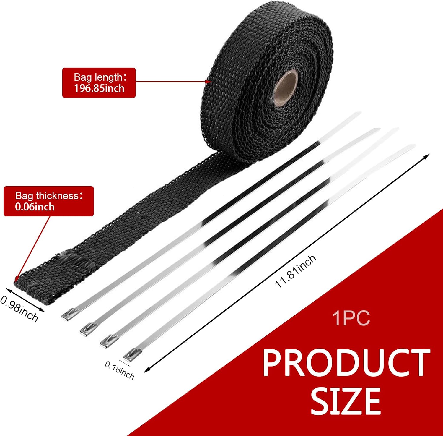 Motorcycle Exhaust Heat Wrap, 196" Flexibility High-temperature Resistant Shield Tape with 4 Ties, Basalt Fiber Cuttable Shield Tape, Universal Protective Modification (Black)