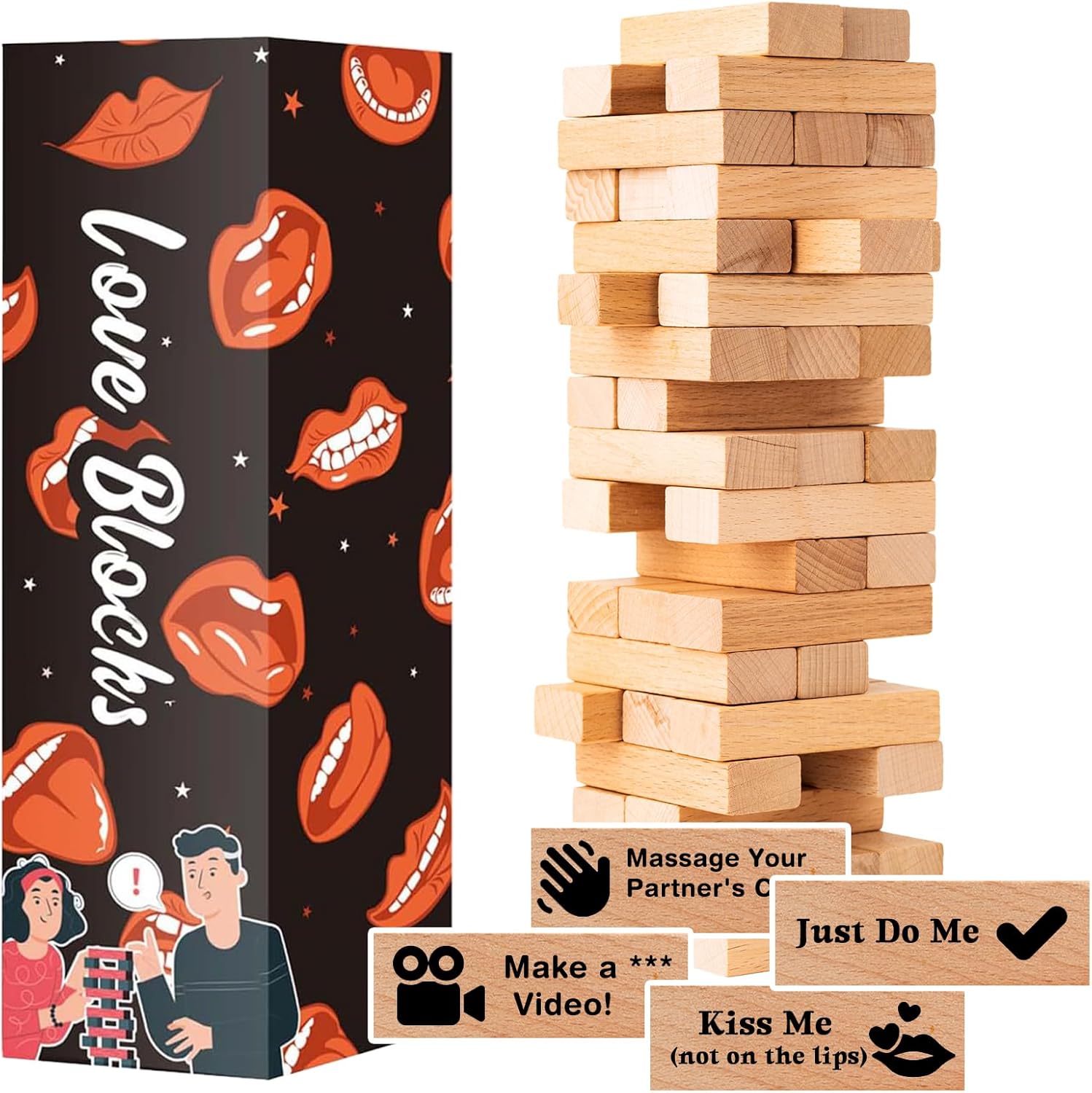 54Pcs Lust Tower – A Bold, Flirty Twist on The Lust Tower for Daring Adults, Valentine Tumbling Tower Stacking Blocks, Date Night Party Game