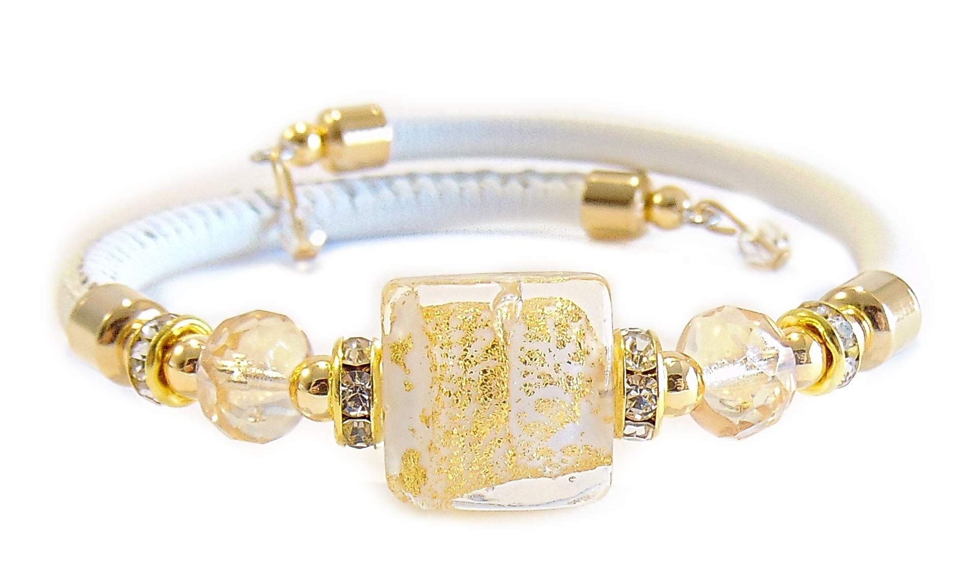 Bracciale Da Donna Con Perle In Vetro Di Murano Originale E Vera Pelle