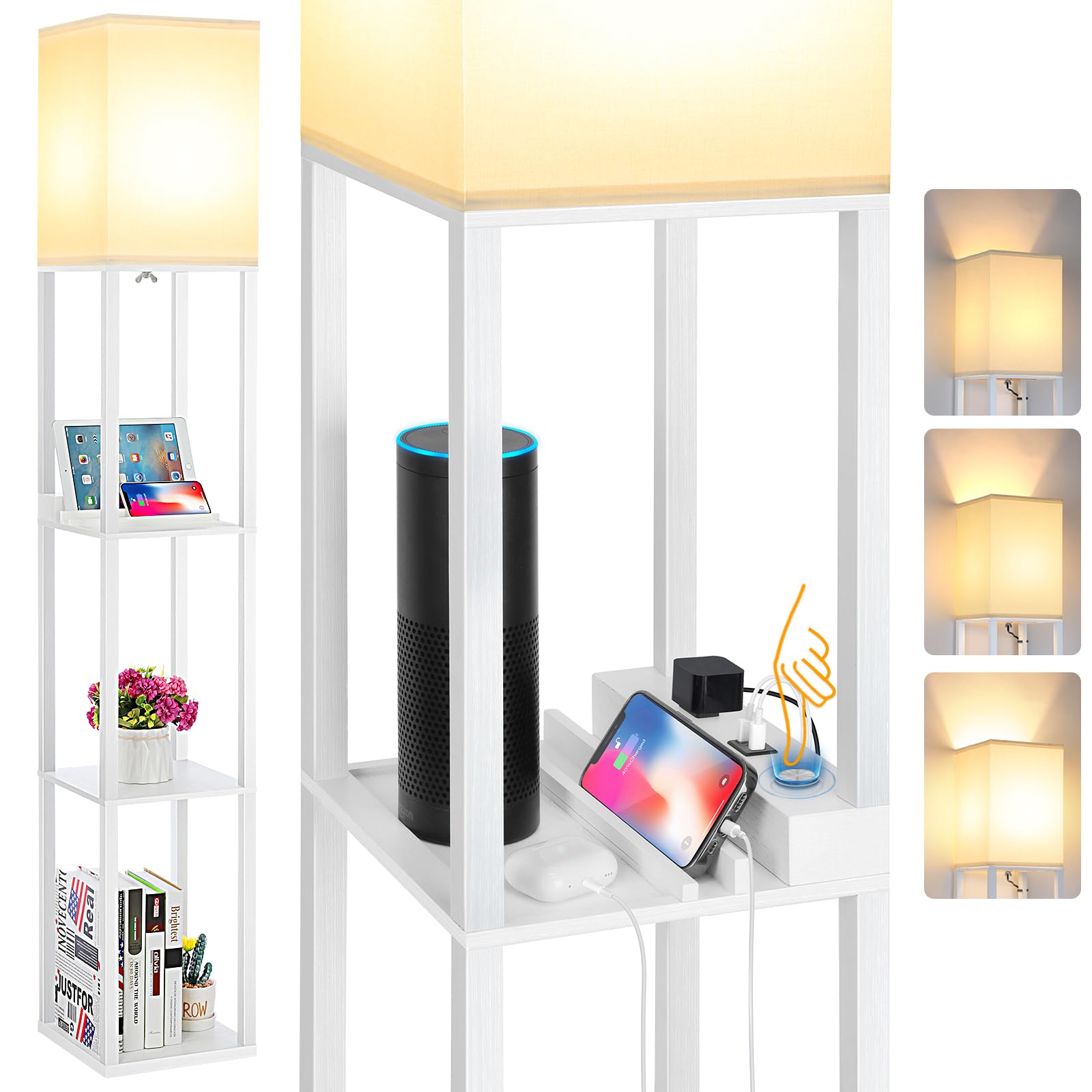 FOLKSMATE Touch Control Shelf Floor Lamp, Modern Dimmable LED Standing Lamps with Shelves, Charging USB Ports, Type C Port and Power Outlet, Wood Tall