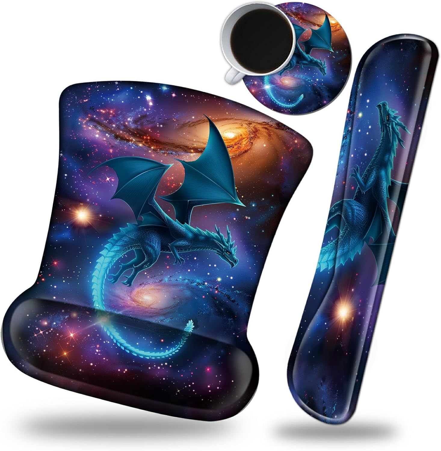 Keyboard Wrist Rest and Mouse Wrist Rest Pad Set, Made of Memory Foam with Non Slip Rubber Base Ergonomic Gel Wrist Rest for Computer Keyboard Gaming Office Working, with Galaxy Blue Dragon Coaster