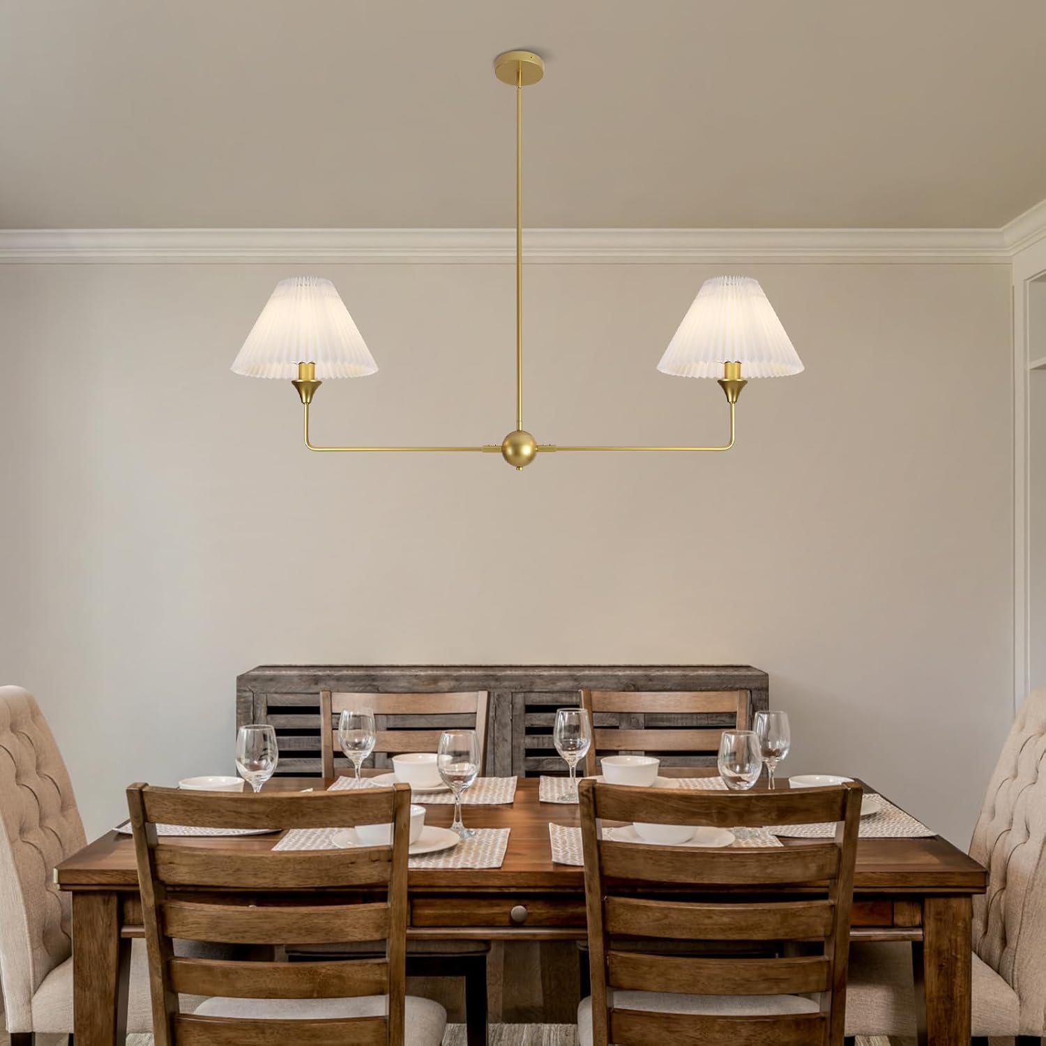 HuisMier Gold Linear Chandelier for Dining Room, 2-Light Modern Linear Kitchen Island Lighting with Off-White Fabric Shade, Farmhouse Pendant Light Fixture for Dining Room Bedroom Living Room