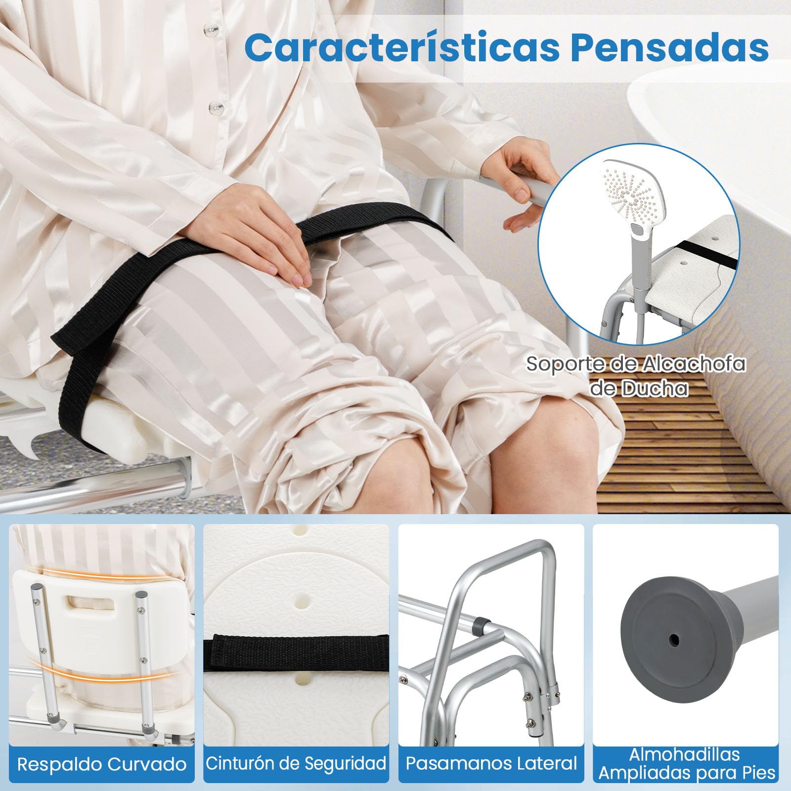 GOPLUS Silla de Baño con Función Deslizante, Altura Ajustable, Asiento Ancho con Tapa Abatible, 4 Pies con Ventosas Antideslizantes, Silla de Ducha para Ancianos, Pacientes, Discapacitados