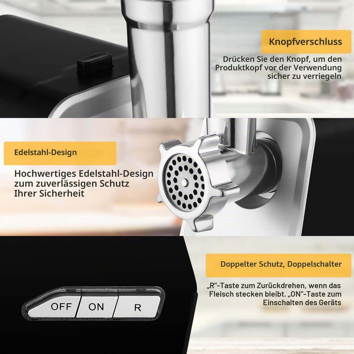 Elektrischer Fleischwolf 2000W mit Wurstfüller, Multi Küchenmaschin Wurstmacher, Edelstahl, inklusive 3 Mahlplatten und Wurstfüllrohren, ideal für den Hausgebrauch
