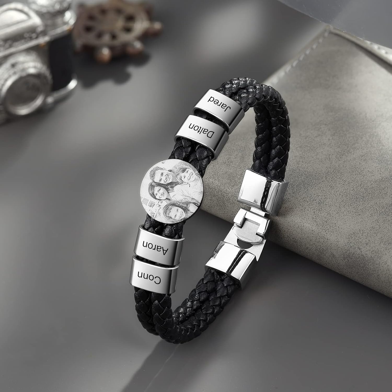Personalised Mens Leather Bracelet Custom Engraved Name Picture Photo Braided Rope Bracelet for Daddy Husband Grandad Boyfriend
