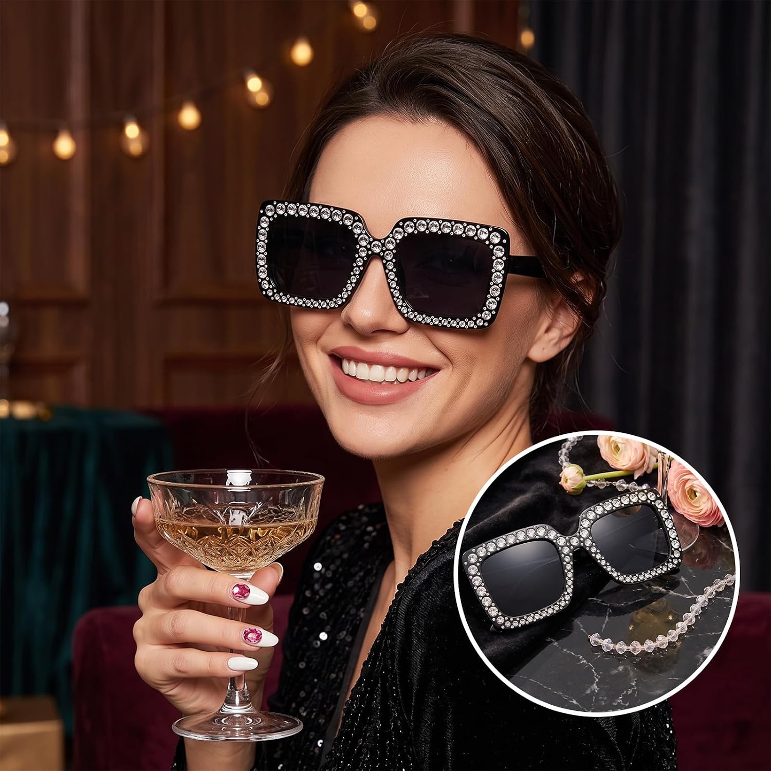 10 Pack Black Rhinestone Oversized Square Sunglasses, Retro Sparkling Crystal Disco Glasses, Bling Diamond Party Sunglasses for Photo Props Wedding Birthday Carnival