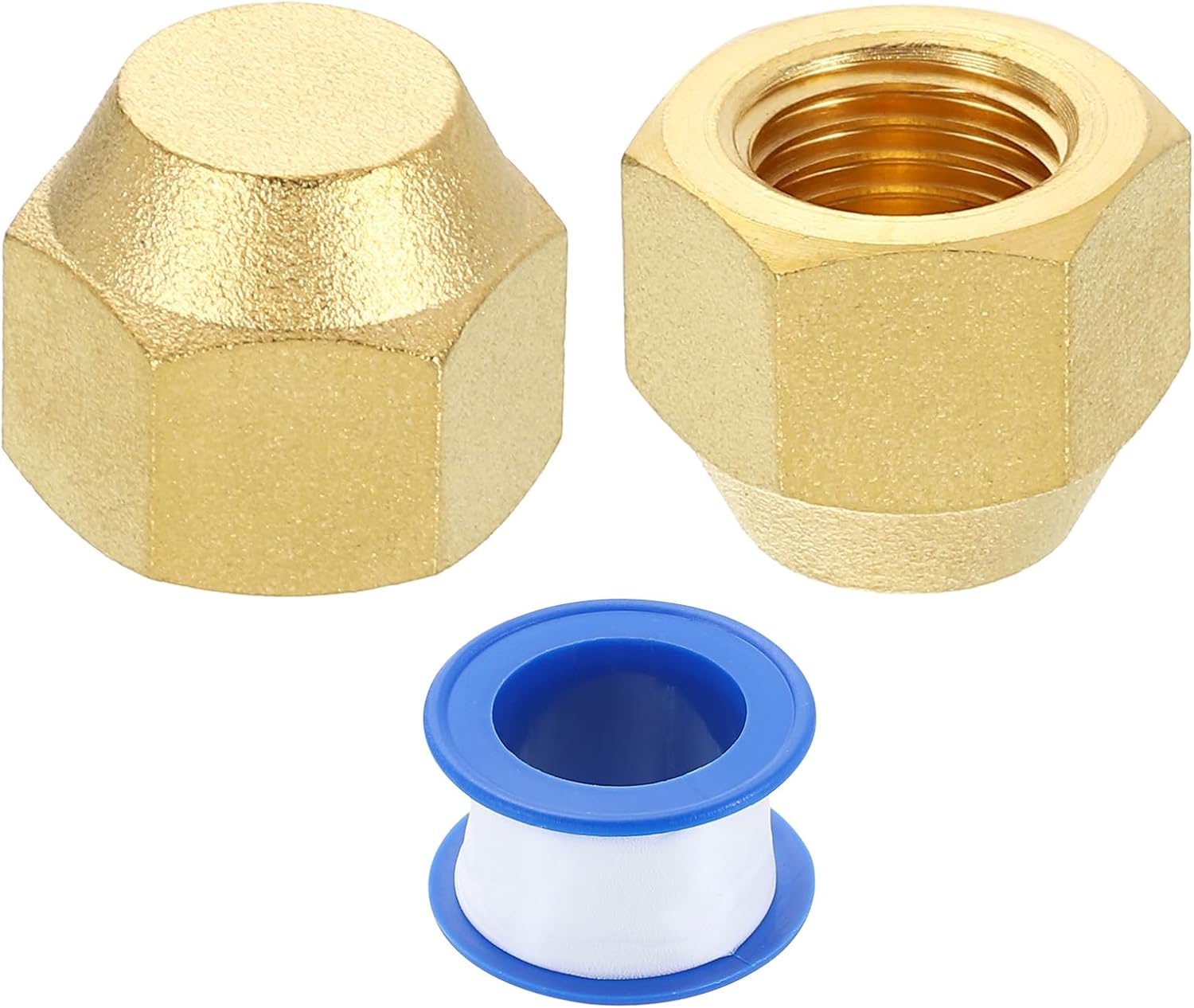 sourcing map 2Pcs 1/4" Tube OD Brass Flare Cap, 7/16"-20 UNF Female Thread 45 Degree Flared SAE Hex Pipe Fitting, Seal Tube Fittings with Tape for Air Conditioner Pipe Extension Water Gas Line