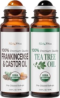 BodyJ4You Frankincense + Tea Tree Essential Oil Roll On Duo - USDA Organic Castor Oil + MCT Coconut Oil - Tigerite and Black Obsidian Stone Rollers - Pulse Point Skin Care Spots Cuticles Feet Scalp -