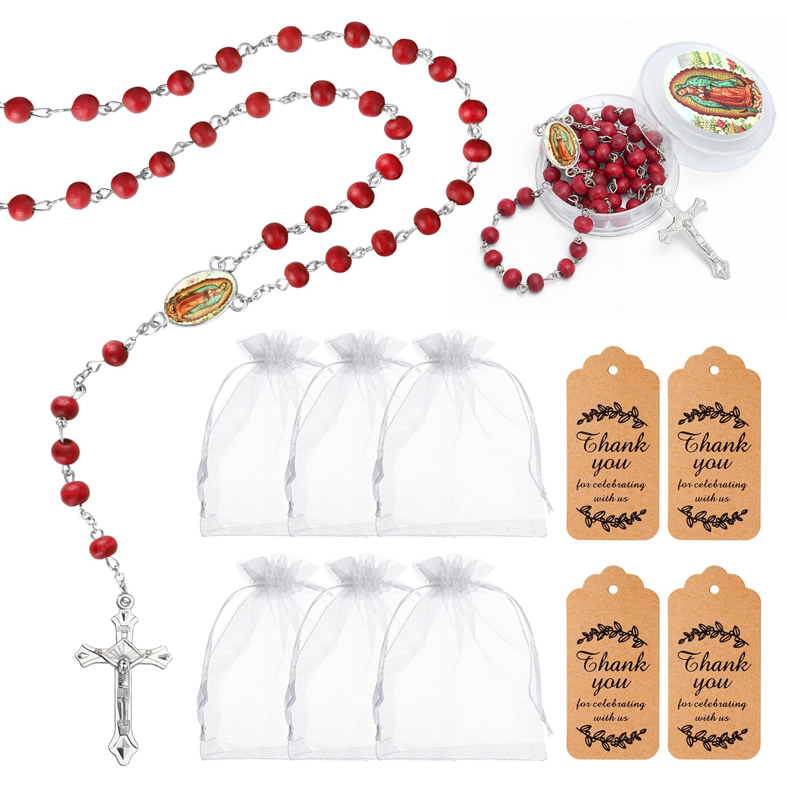 KaGrbves 24 Pcs Virgen De Guadalupe Scented Rosary for Baptism and First Communion Favors, Our Lady of Guadalupe Rosarios Catolicos Regligious Event Gifts (Red)