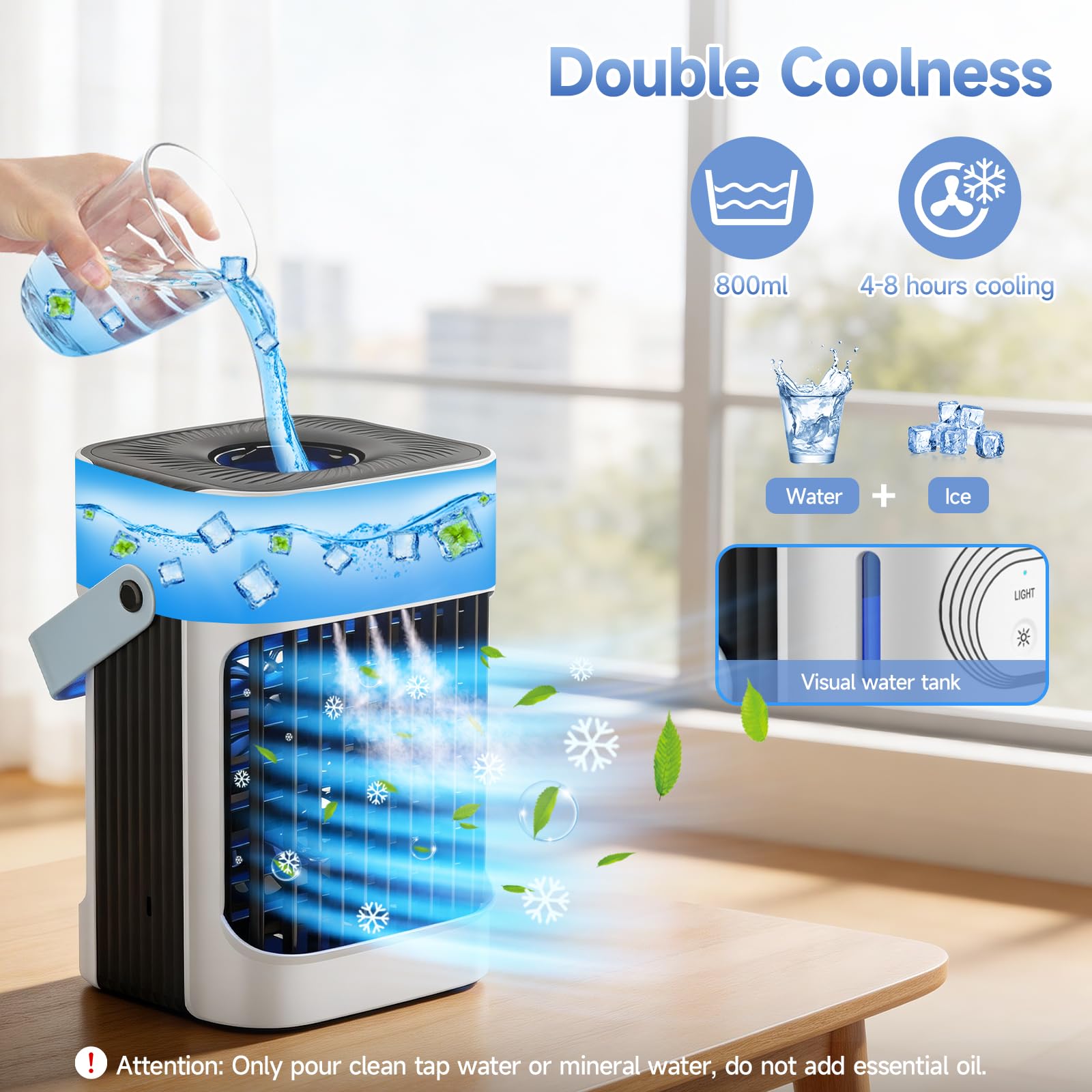 XTTANK Enfriador de Aire Portátil con Tanque de 800ml, 4 en 1 Acondicionador con 3 Velocidades y Modos Nebulización, Luz 7 Colores, Temporizador 2-8H, Mini Aire Evaporativo para Hogar/Oficina - 3