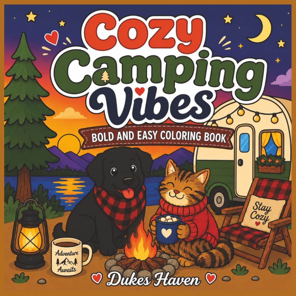 Cozy Camping Vibes: Cute & Relaxing Bold and Easy Camping Scenes Featuring Cozy Campfires, Adorable Animals, Vintage Campers, and Stress-Relieving ... (Cozy Vibes Bold and Easy coloring books)