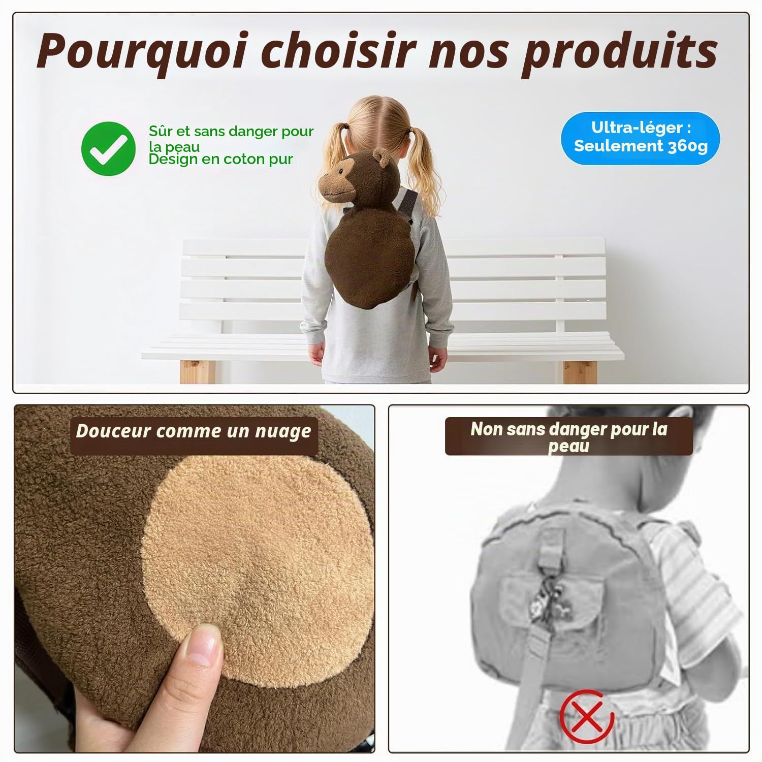 Sac à dos anti-perte pour bébé avec laisse pour enfant de 1 à 3 ans
