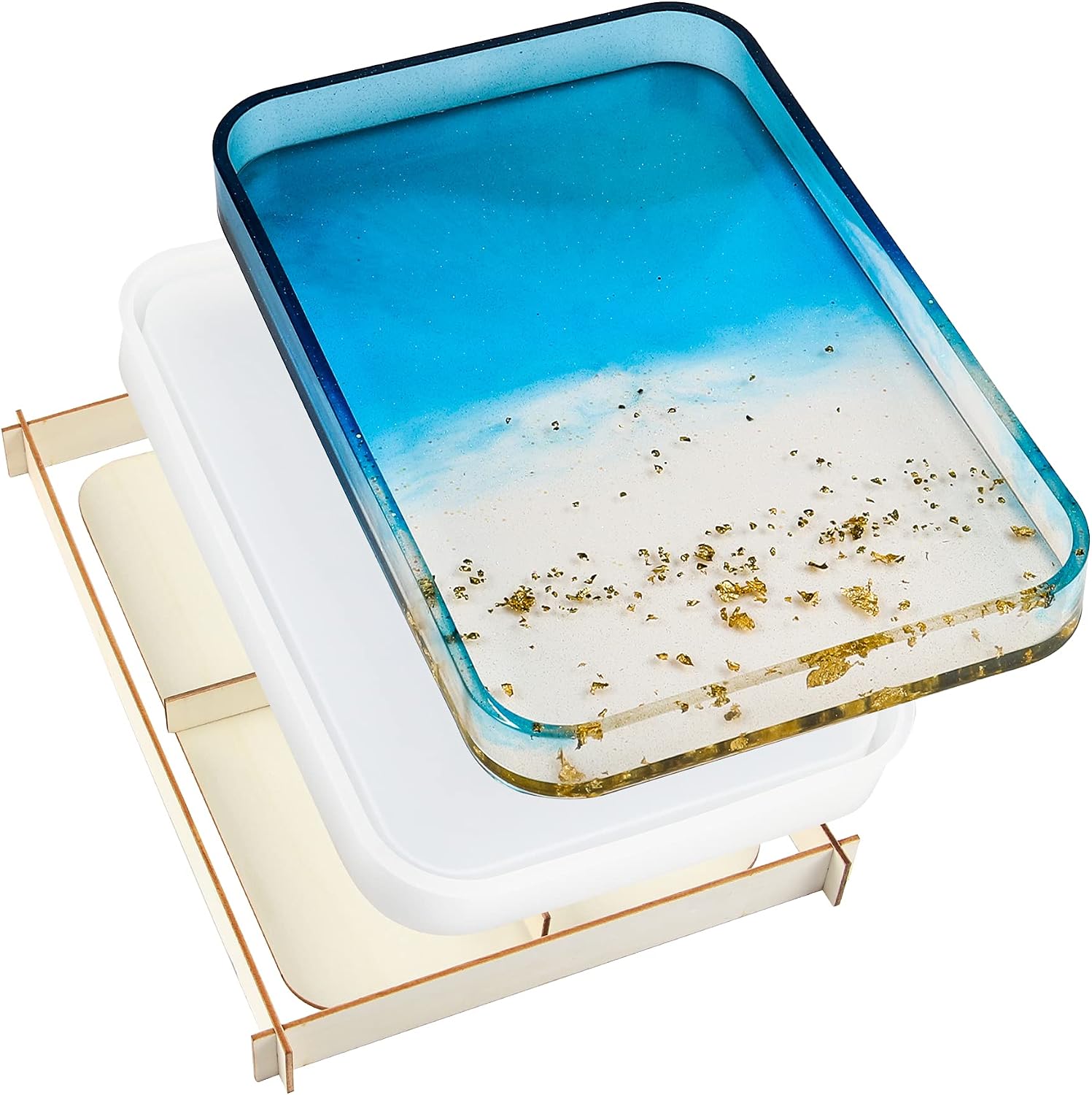 Resin Tray Molds, Rectangle Tray Molds with Wooden Support, Sturdy Silicone Tray Molds with Edges for Epoxy Resin Casting DIY Jewelry Holder