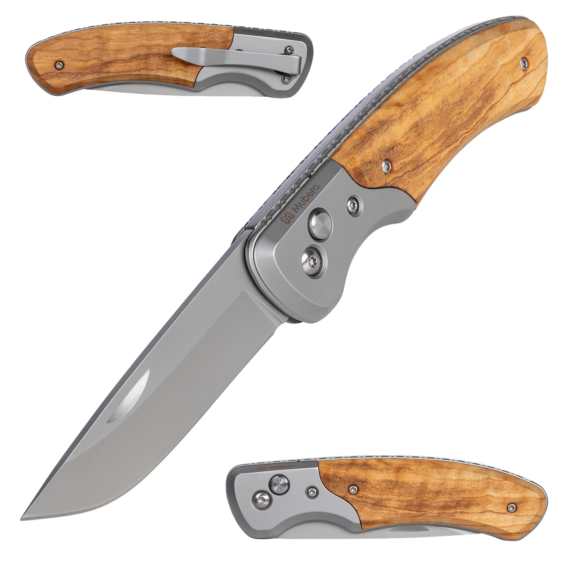 Mubero Folding Work Knife with Stainless Steel Blade, Olive Wood Handle and Pocket Clip