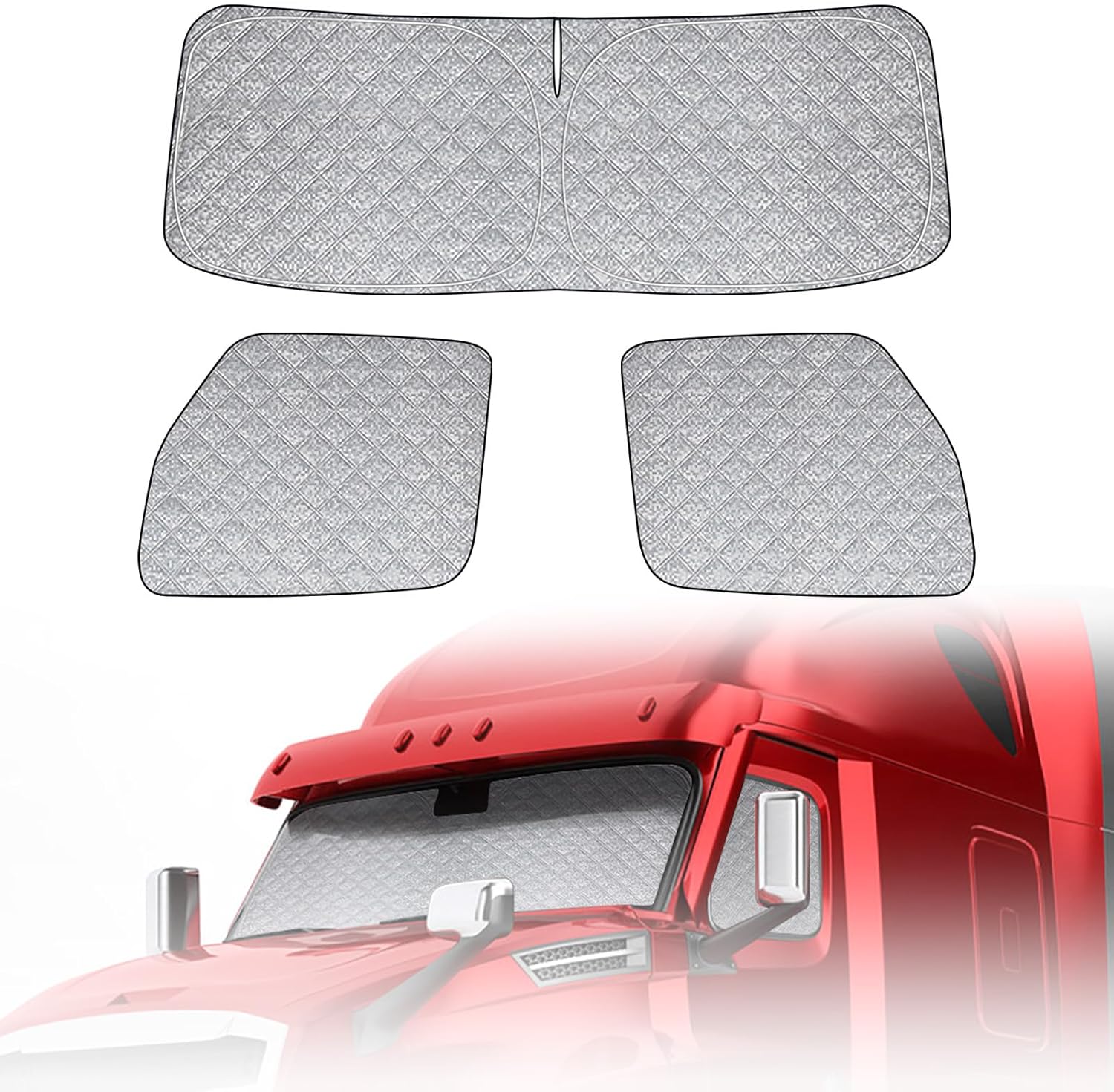 6 Layers Semi Truck Window Shades Custom Fit 2018-2026 Freightliner Cascadia, 3 Set Front Windshield and Side Windows Foldable Sun Protector Privacy Cover
