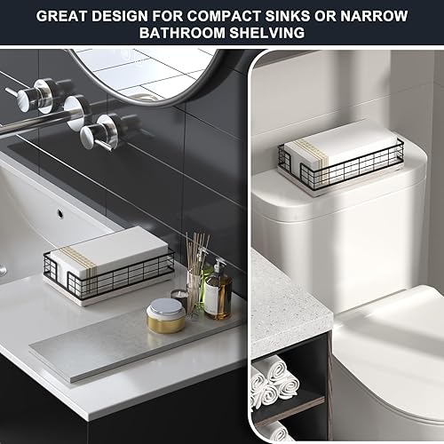 Vista 193 de Wican Bandeja para toallas de invitados para baño, soporte de servilletas de roble y hierro para tocador, mesa de comedor, cesta de madera