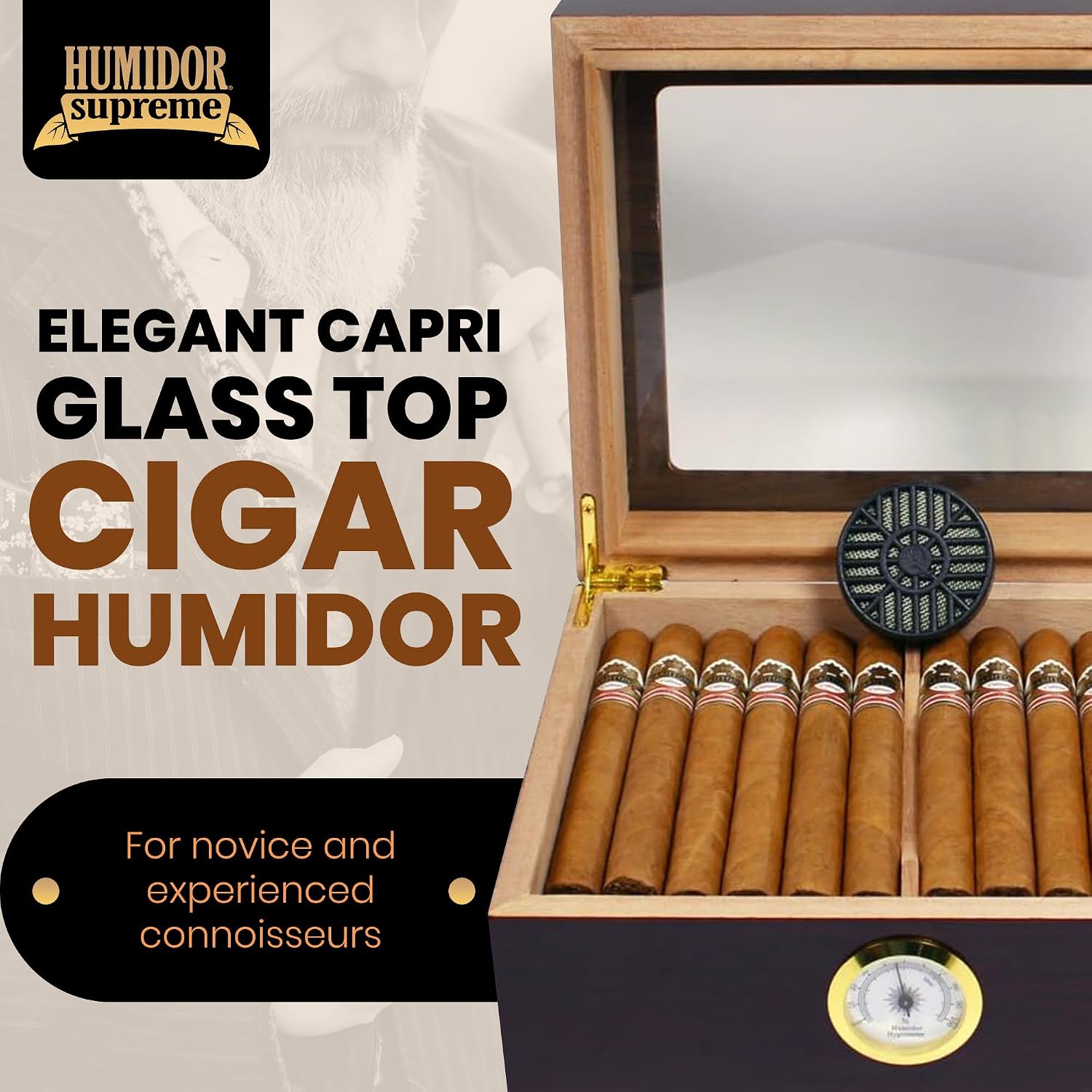 Xikar Crystal Gel Humidifier Jar + Humidor Supreme Capri Desktop Cigar Humidor Bundle – Glass Top Mahogany Finish, Spanish Cedar Tray & Divider, Humidifier & Glass Hygrometer – Holds 25–50 Cigars