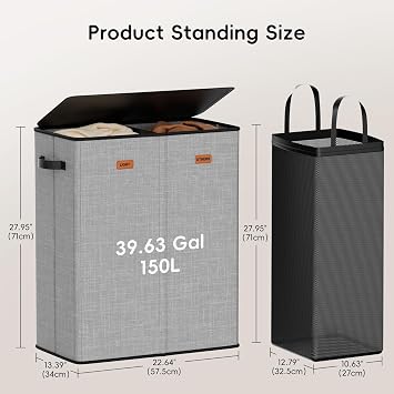 150L Double Laundry Hamper With Lid, Large Clothes Hampers with Removable Bag, Laundry Hamper 2 Section for Bathroom, Bedroom, Laundry Room, Dorm, Grey