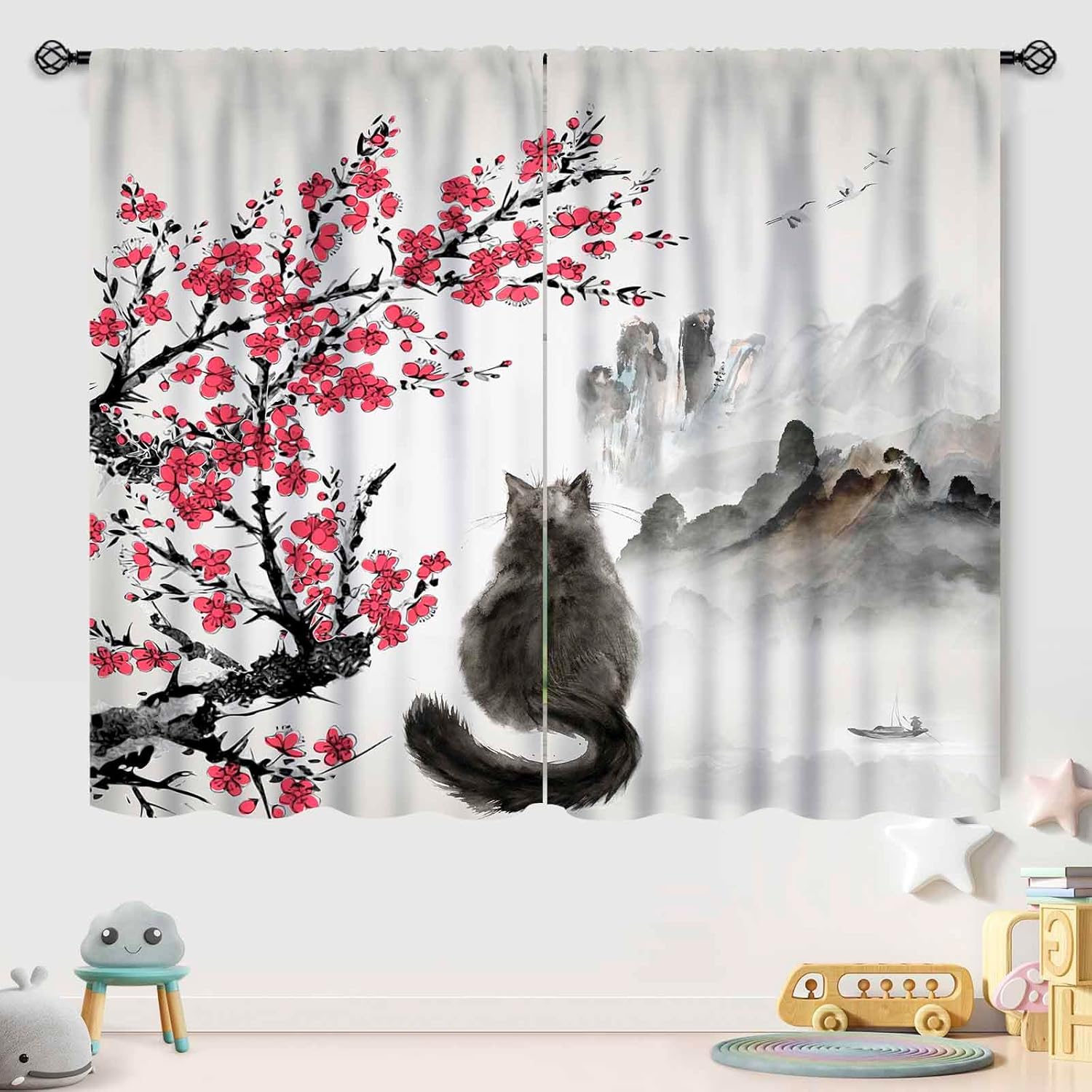 Japanese Curtains,Retro Orient Traditional Ink Painting Black Cat Red Cherry Blossom Floral Natural Landscape Drapes for Bedroom Living Room Kitchen Bathroom Window 21" W x 54" L,2 Panel Set