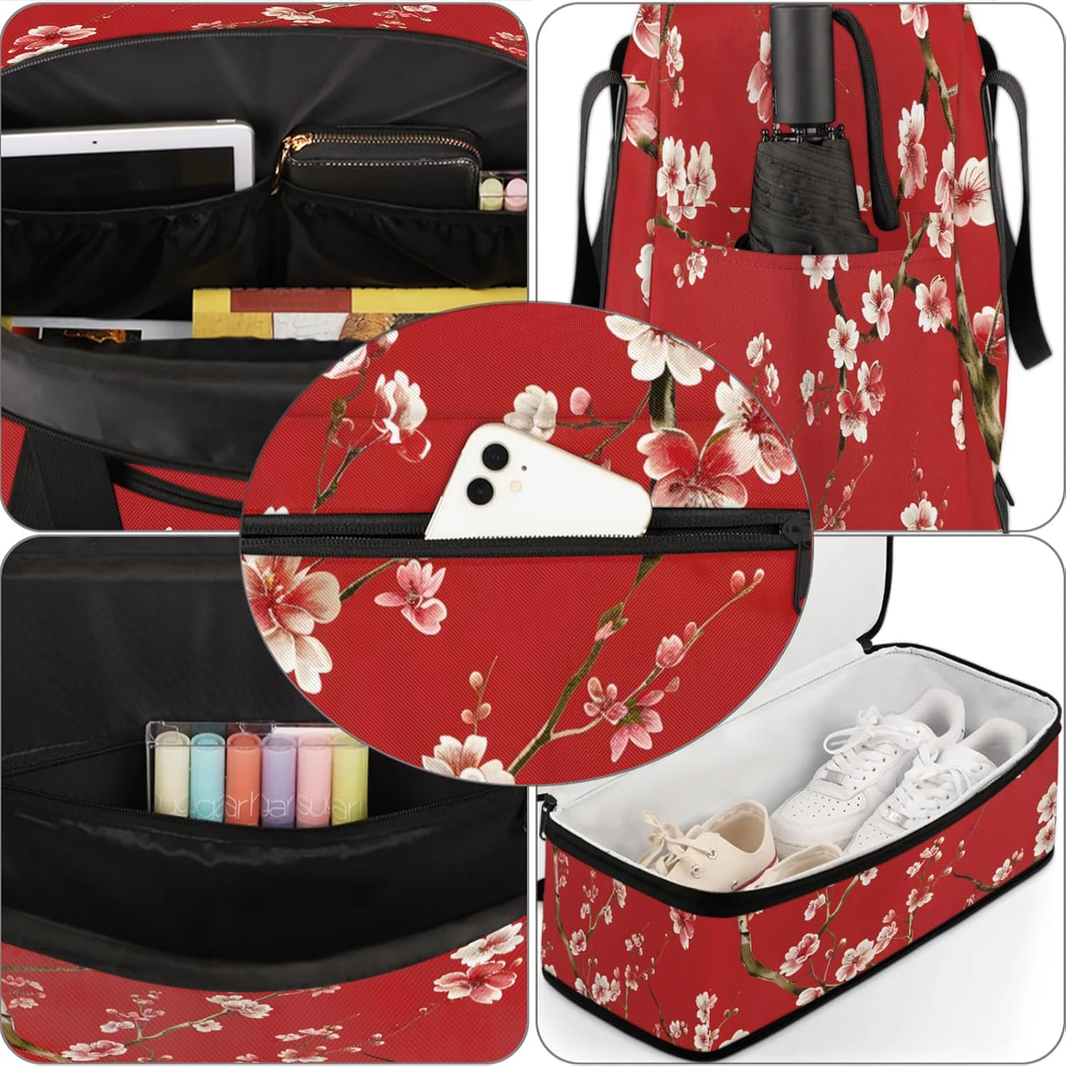 Large Weekender Overnight Bags Travel Duffel Bag for Women Men Japanese Flower Red Gym Bag With Shoe Compartment Foldie Travel Tote Bag Carry On Personal Item Bag for Travel Gym Sports