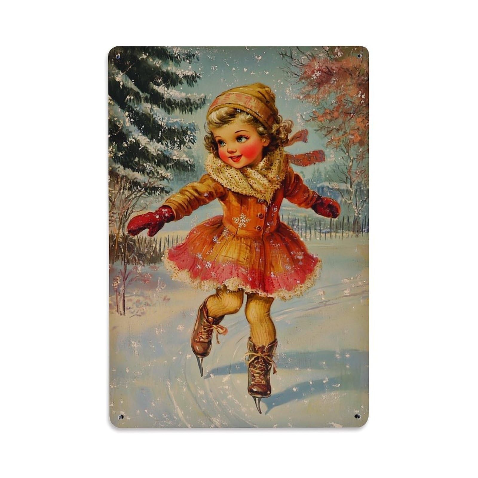 Winter Girl Skating Snow Scene Tin Sign Metal Poster Vintage Metal Signs for Home Man Cave Bar Cafe Kitchen laundry room Wall Decorations Gift 8x12Inch