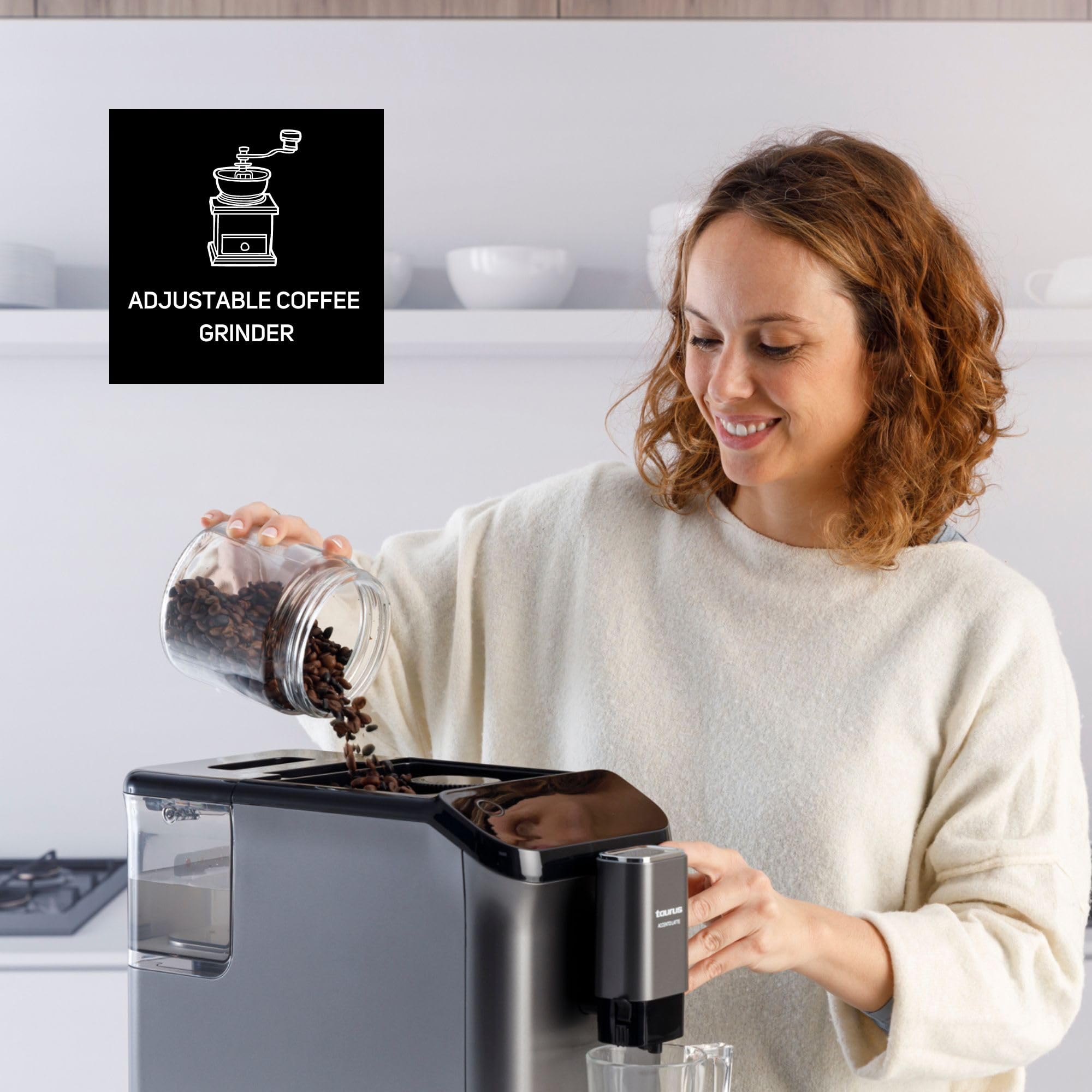 Taurus - Cafetera Accento Latte superautomática | 20 bares | Espresso y Latte | 1350w | 1.5L | Pantalla digital | Limpieza automática | 4 bebidas programables | Depósito de leche conectable