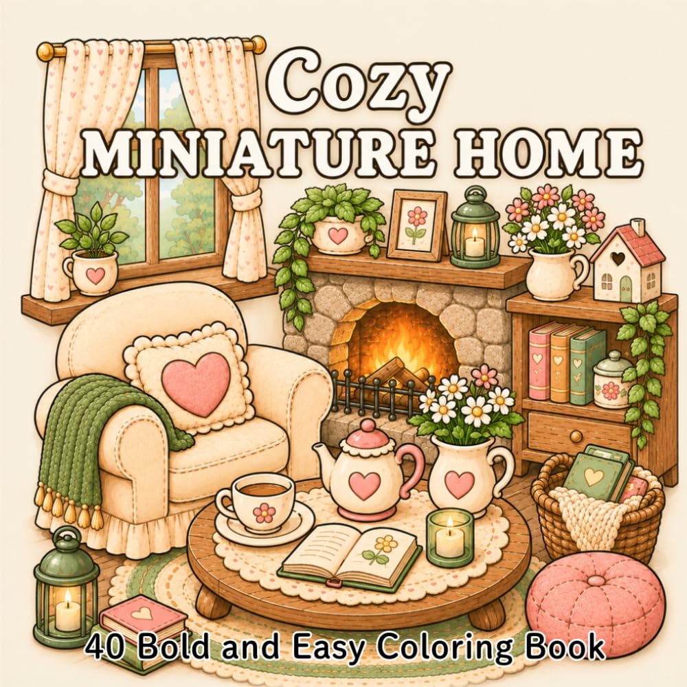 Cozy Miniature Home: A Bold and Easy Coloring Book Featuring Charming European Antique Miniature Rooms, Cozy Corners, and Whimsical Home Decor for Relaxation and Creativity