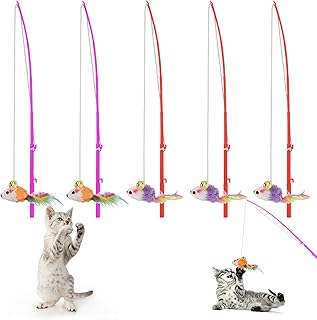 Cobee Cat Wand Toy, Rat Replacement Feather Refills, 5 Pcs Kitten Wand Toy with Mixed Color Cute Furry Mouse and Bells Refills Interactive Play Wand for Cats Kittens Training Exerciser Accessories