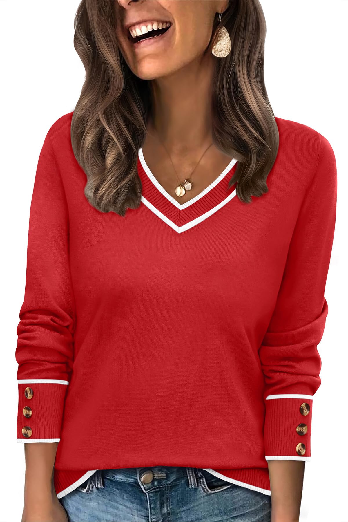 WIHOLL Lightweight Sweaters for Women Long Sleeve V Neck Knit Outfits with Decorative Buttons