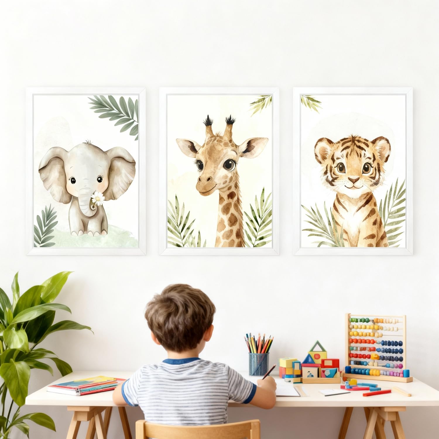 Décoration murale girafe et éléphant bohémienne | Lot de 4 cadres 28x41 cm pour bébé
