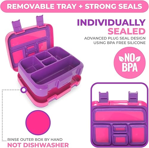 Miniatura 4 de kinsho Lonchera Bento para niños y niñas, con tapa segura, 5 secciones con tapa segura, apta para microondas, bandeja extraíble sin BPA, contenedor