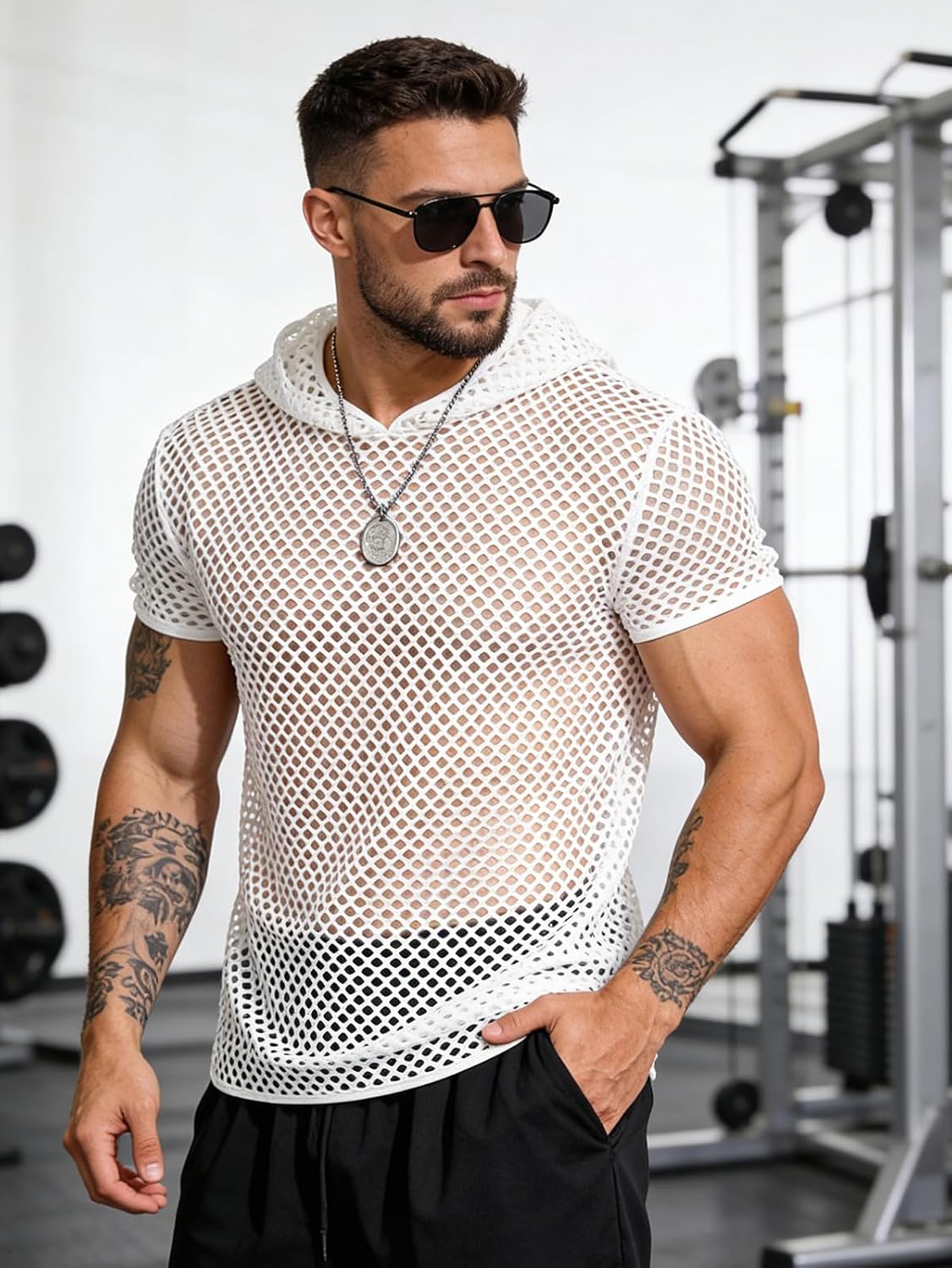 Men's Hooded Fishnet Mesh Short Sleeve Shirt Muscle Fit Sheer See Through Top Base Layer for Gym Workout Club
