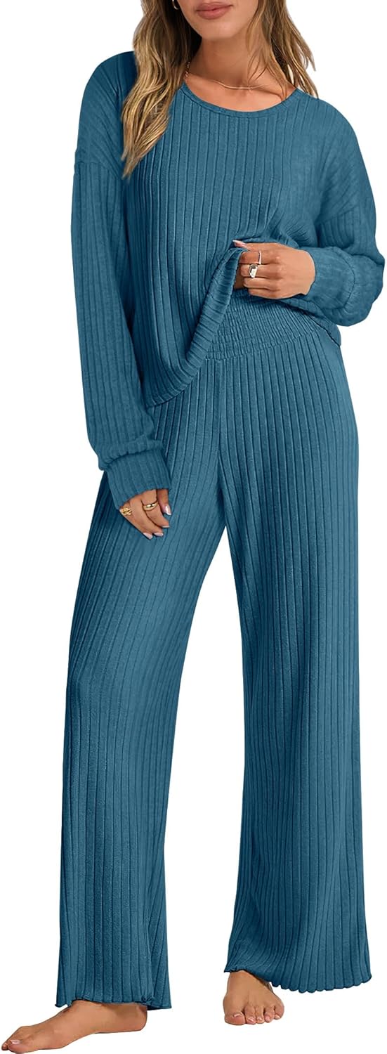 ANRABESS Women 2 Piece Lounge Pajamas Sets Casual Ribbed Knit Long Sleeve Top Pants Matching Set 2025 Fall Outfits Clothes