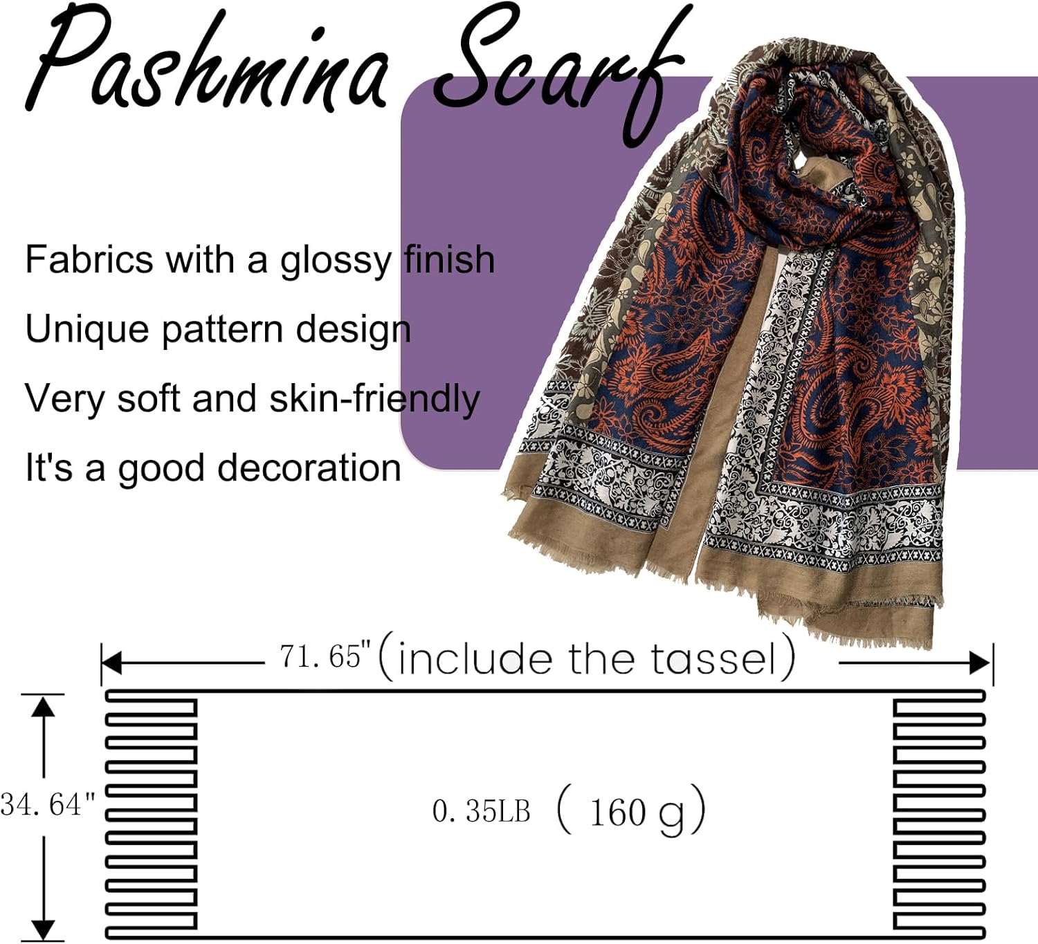 Paisley Pashmina Feel Shawls Wraps for Women Rave Scarf Soft Silky Exotic Boho All Seasons - Image 3