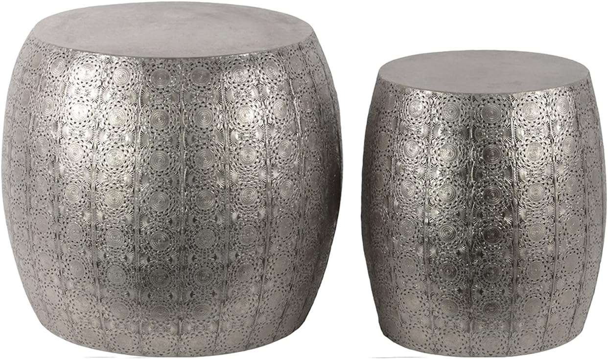 Urban Trends Metal Round Table with Embossed Floral (Set of 2), Silver