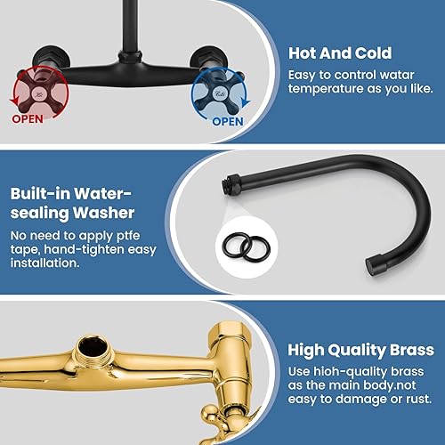 Miniatura 3 de Airuida Grifo de latón negro mate de montaje en pared con doble mango y adaptador ajustable