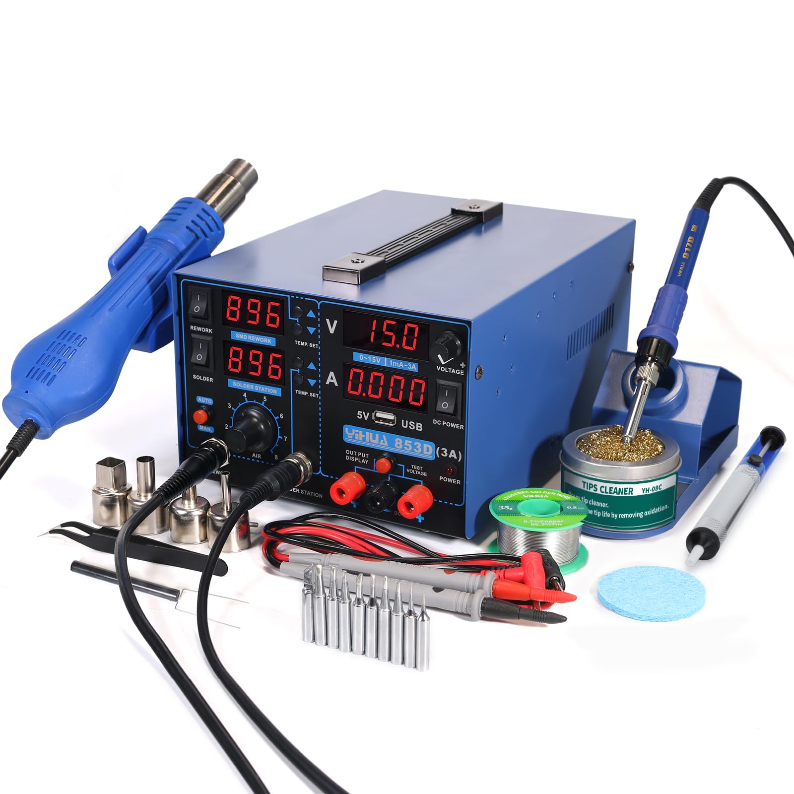 YIHUA 853D USB 3A-Three Tools- Soldering Station, Hot Air Rework Station and Power Supply 0~3A, 0-15V with output and test modes. Also ºC/°F display, Digital Cal, Sleep Function
