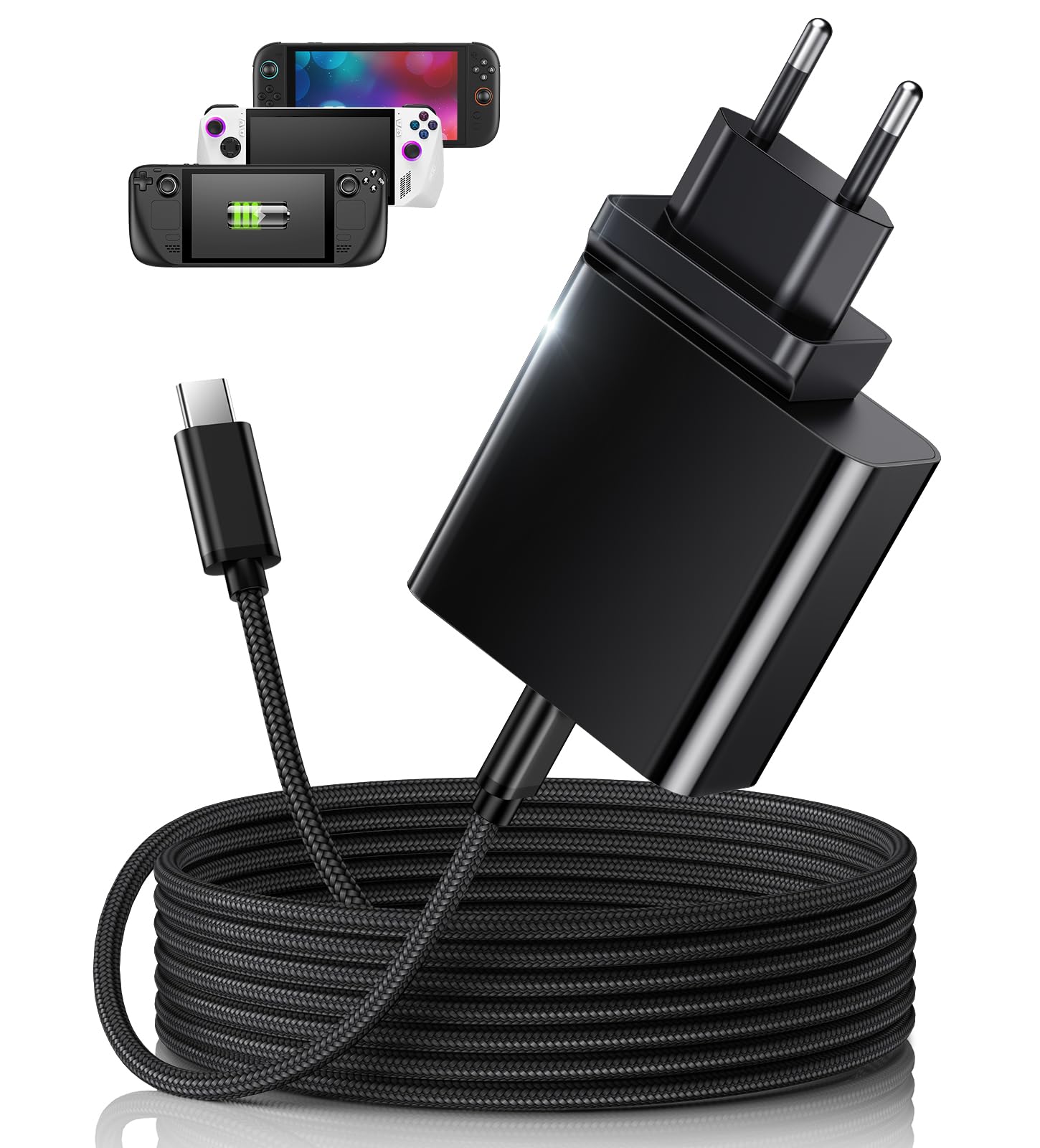 65W Schnellladegerät für Steam Deck, Nintendo Switch 2 & ROG Ally – PD3.0-klappbarer Netzadapter mit 6.6FT(2M) USB-C-Kabel, Switch 2/Steam Deck OLED/ROG Ally X Ladegerät unterstützt TV-Dock(6.6FT) | Faltbarer Netzadapter PD3.0 mit USB-C-Kabel von 2 m/6,6