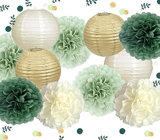 Mint Sage Green Party Decorations - Hanging Decors for Baby Bridal Wedding Shower Birthday Background with Paper Lanterns and Tissue Pom poms Gold Table Scatters (Beige + Soft Dark Green)