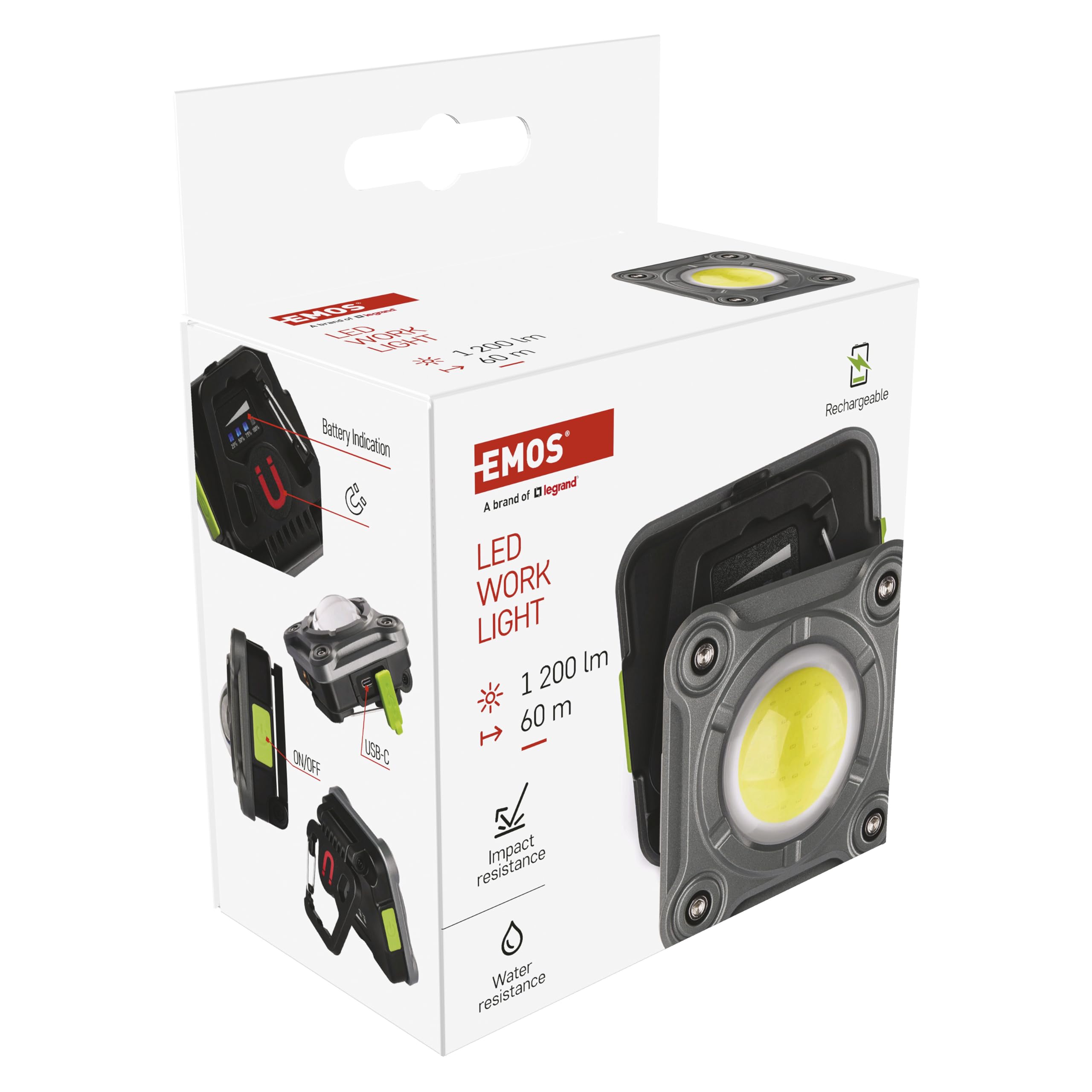 EMOS Mini reflektor LED, lampa kempingowa z 3 trybami świecenia, wodoszczelność IP44, maks. jasność 1200 lm, zasięg 60 m, akumulator 2000 mAh z czasem świecenia do 6,5 h, w zestawie kabel USB, haczyk,