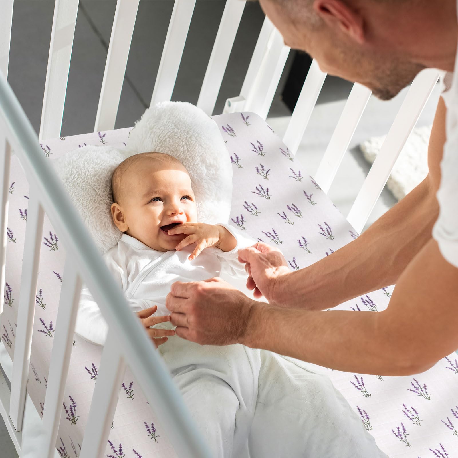 LifeTree Crib Sheets for Baby, Muslin Fitted Crib Sheets Boys Girls - Toddler Bed Sheet Fits Standard Crib, Organic Cotton Breathable and Lightweight, Lavender Pattern, 28in x 52in