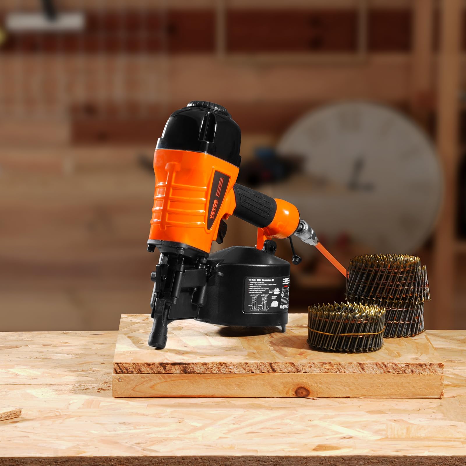 VEVOR Chiodatrice Pneumatica a Spirale 32-63 mm, Chiodatrice Pneumatica a Spirale 15° CN65, Regolazione Profondità Senza Attrezzi 70-120 PSI, Rivestimento, Copertura Pallet, Legno, Recinzione