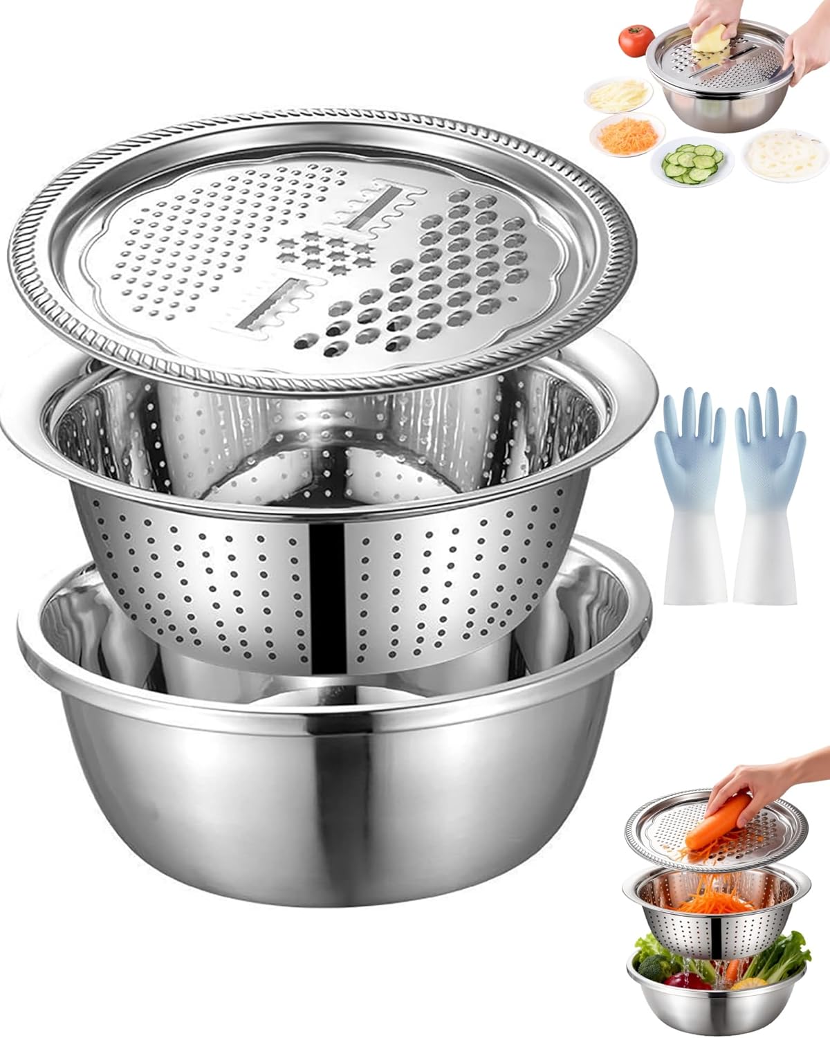 Grating and Slicing Bowl,Stainless Steel Grating Bowl,3 In 1 Stainless Steel Strainer,Fast Prep Slicer Bowls for Vegetables,Fruit (11.02in/28cm)