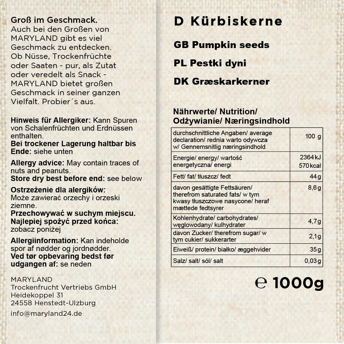 Maryland Kürbiskerne 1000g Vorratspackung im 4er Pack | 4 x 1000g | naturbelassen, vegan, frei von künstlichen Aromen, ohne Zusatzstoffe